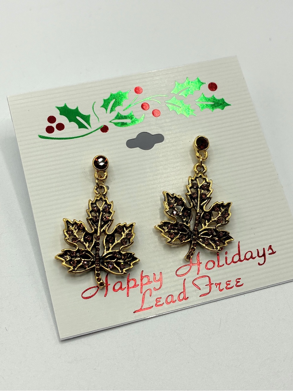 Fall Maple Leaf Rhinestone Dangle Earrings Gold Tone